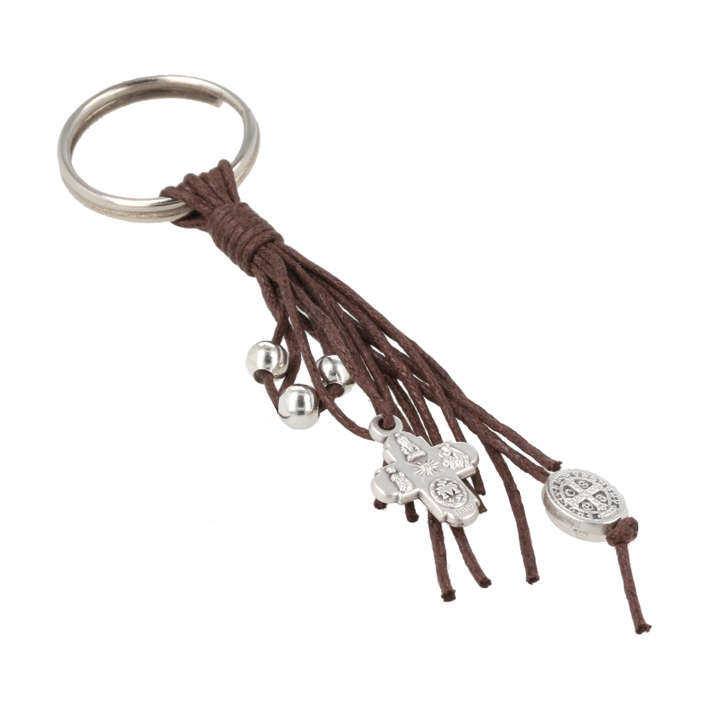 Keychain Silver Metal Color Rope Brown Cross. Souvenirs from Italy