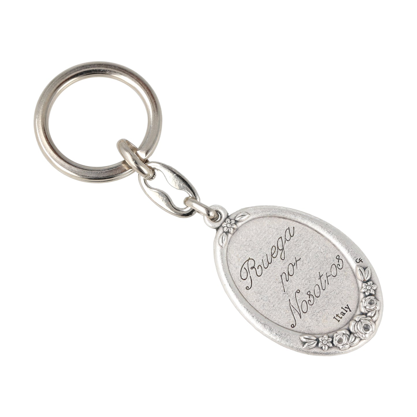 Keychain San Cristobal Oval Silvery With Flowers. Souvenirs from Italy