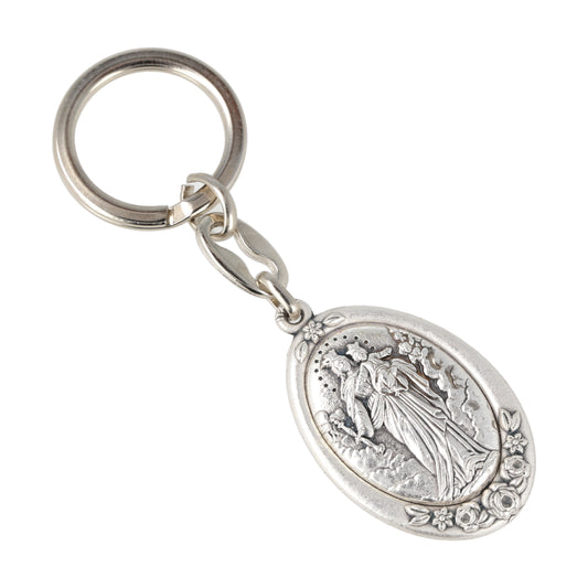 Keychain Mary Help of Christians Oval Silver With Flowers. Souvenirs from Italy