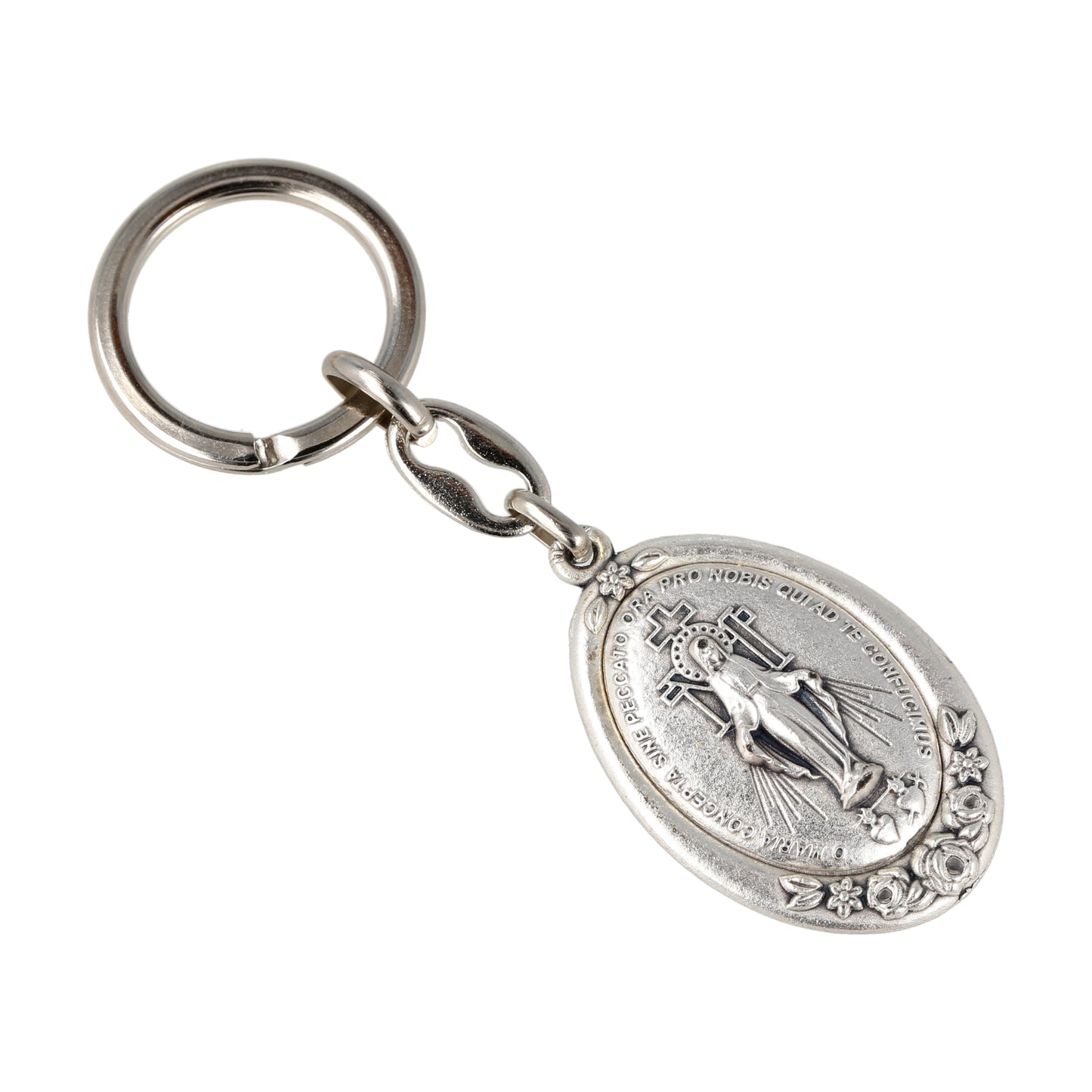 Keychain Miraculous Medal Oval Silver With Flowers. Souvenirs from Italy