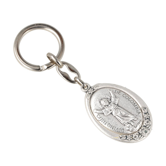 Keychain Divino Niño Silver Oval With Flowers. Souvenirs from Italy