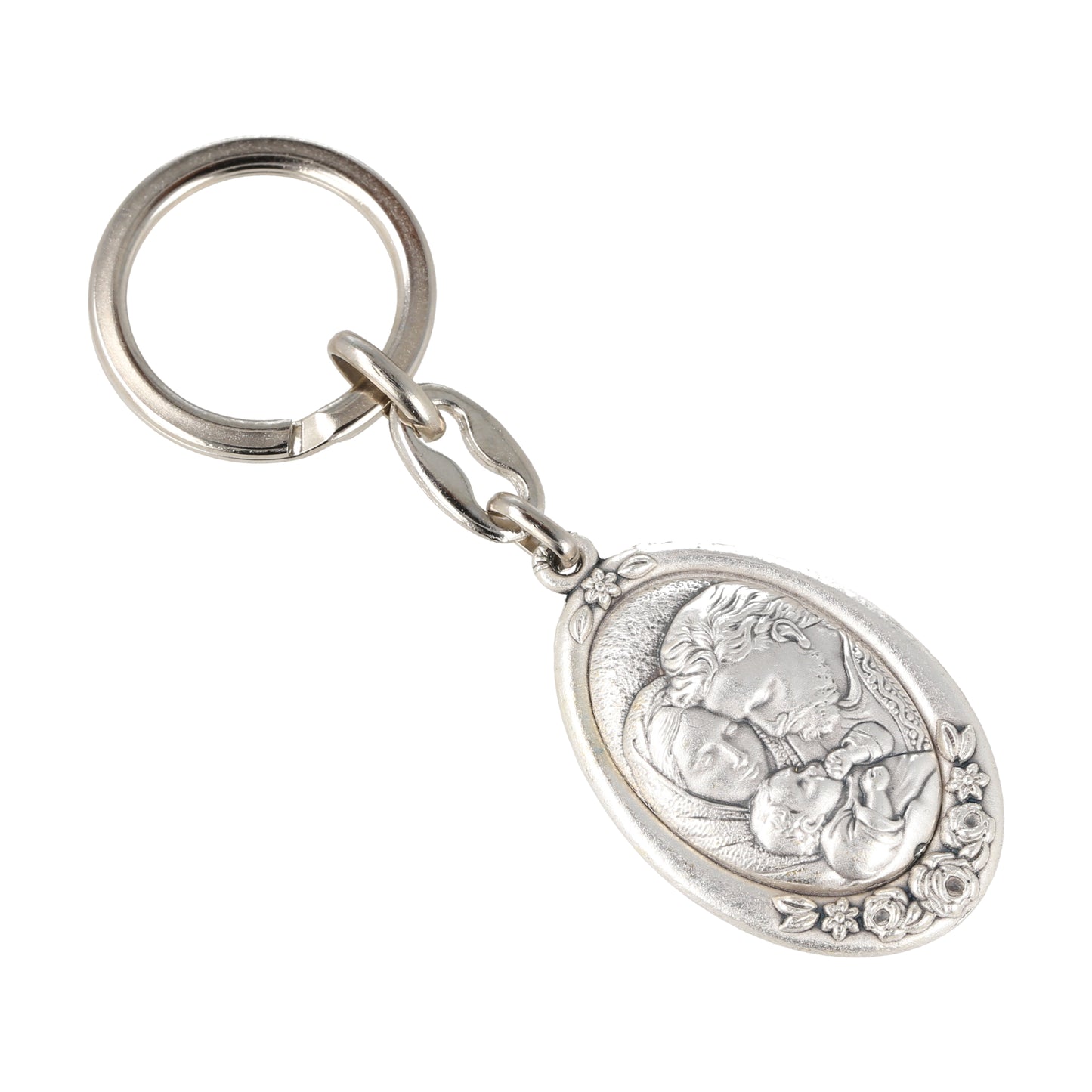 Keychain Holy Family Oval Silver With Flowers. Souvenirs from Italy