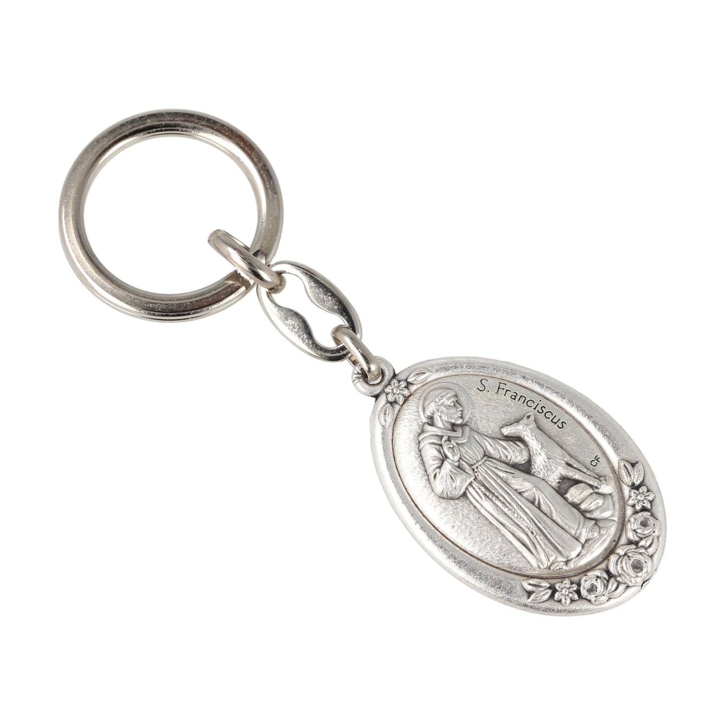 Keychain Saint Francis w/ wolf Oval Silver. With Flowers. Souvenirs from Italy