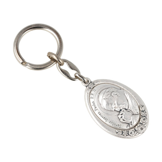 Keychain John Paul II Silver Oval with flowers. Souvenirs from Italy