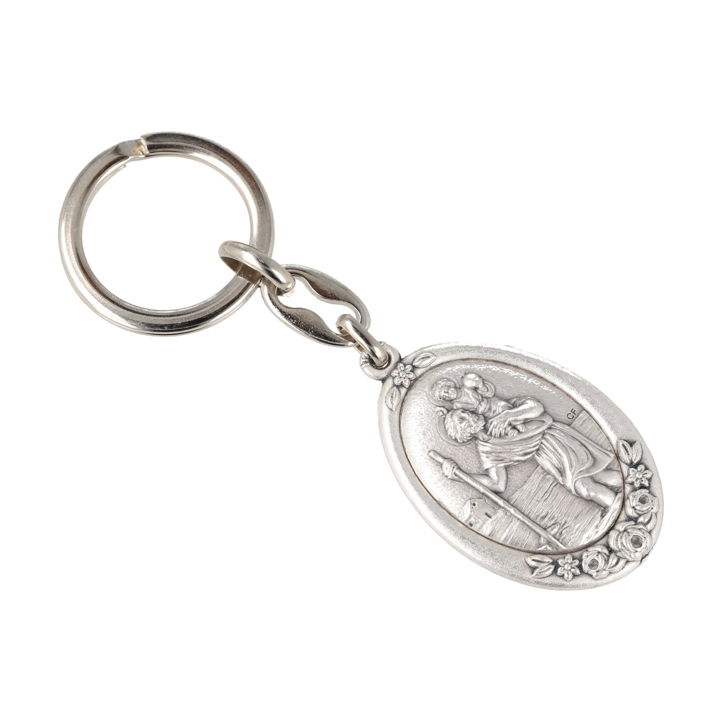 Keychain San Cristobal Oval Silvery With Flowers.  Souvenirs from Italy