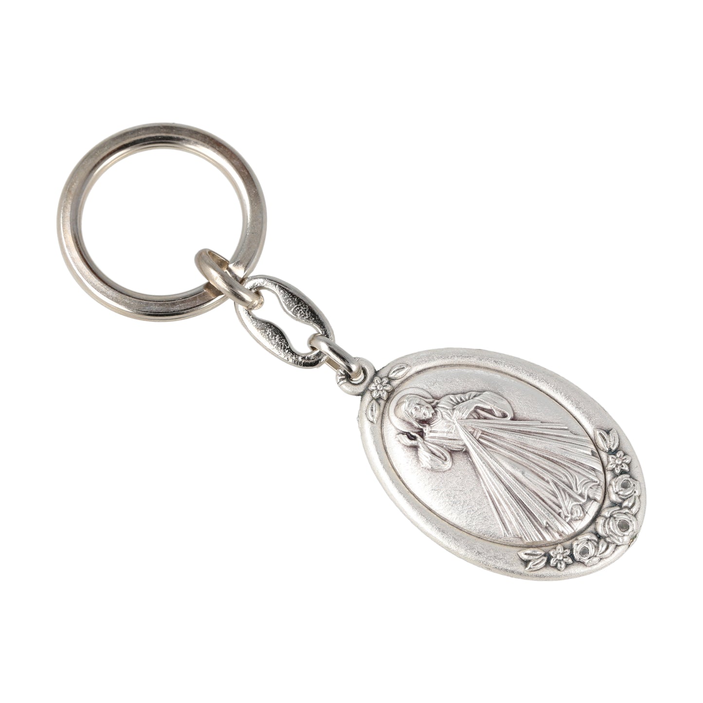 Keychain Merciful Jesus Oval Silvery With Flowers. Souvenirs from Italy