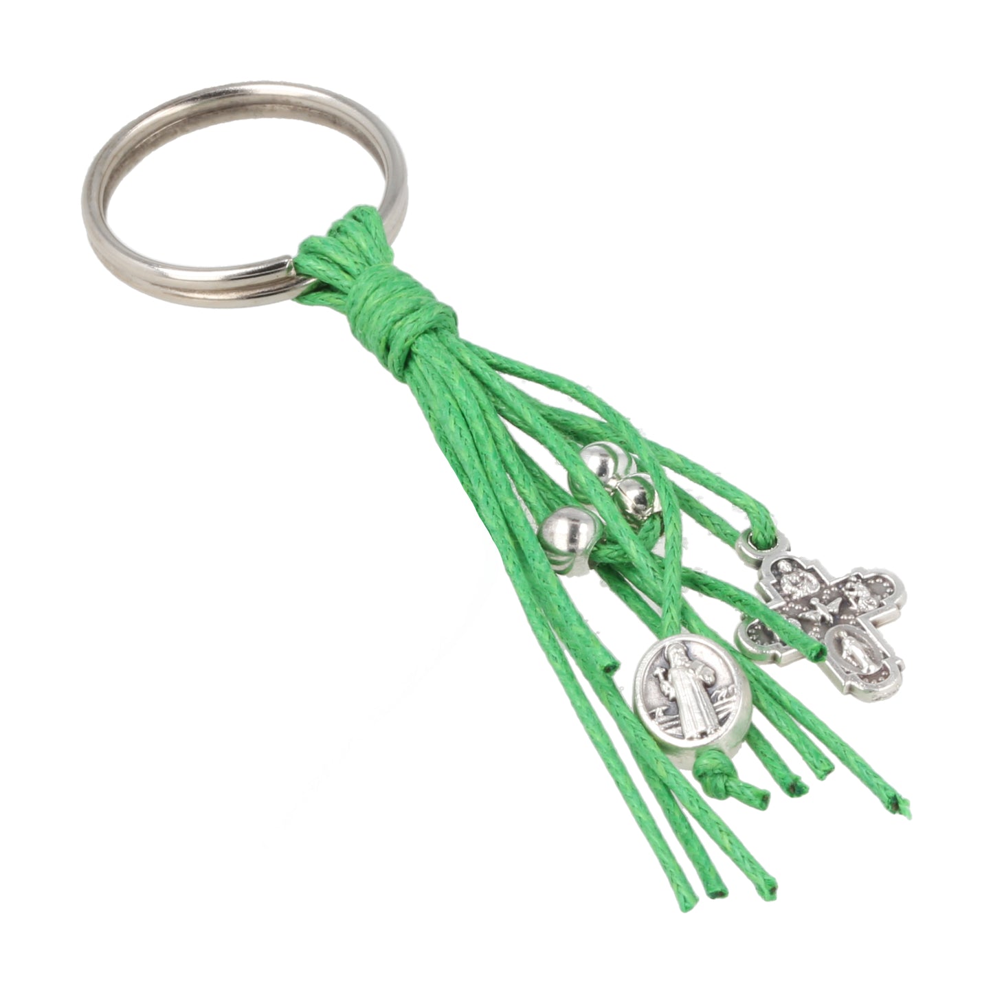 Keychain Silver Metal Color Rope Green Cross. Souvenirs from Italy