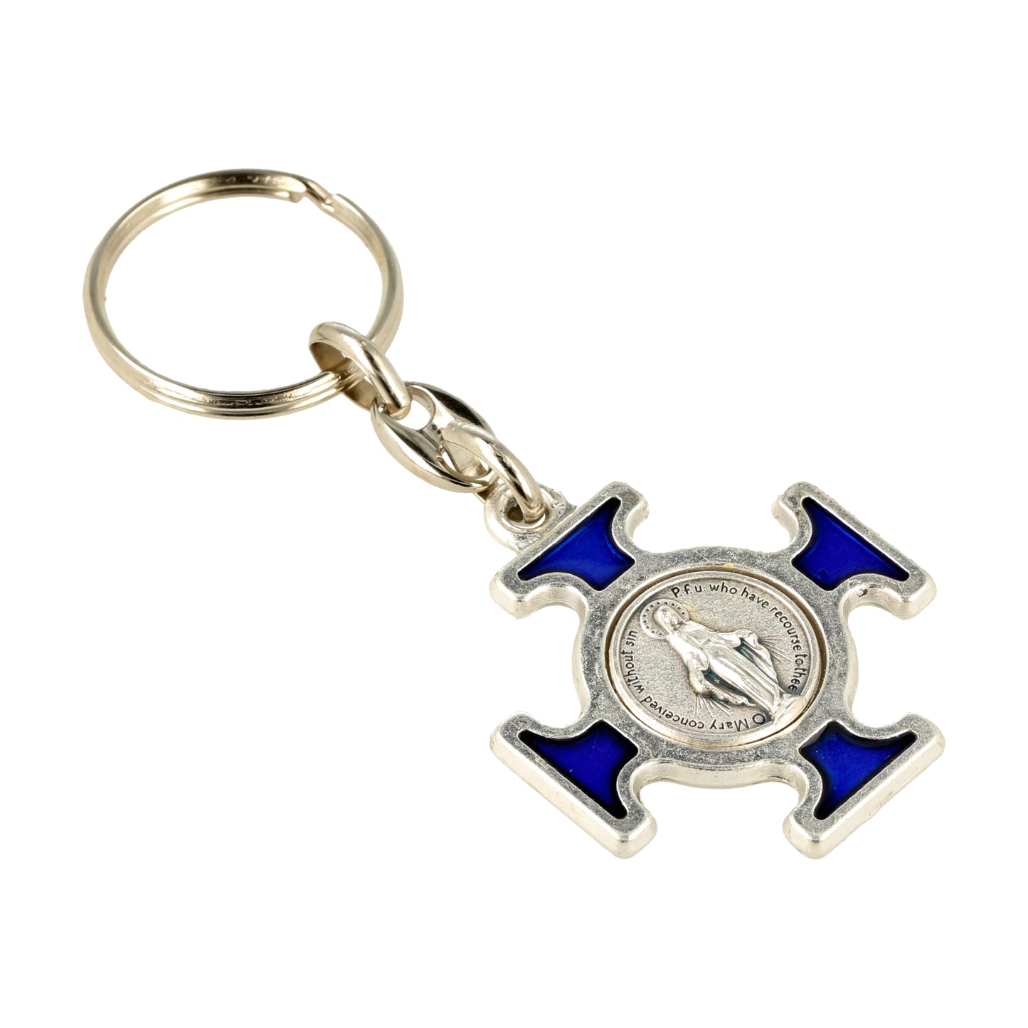 Keychain Cross Miraculous Medal Blue Resin. Souvenirs from Italy