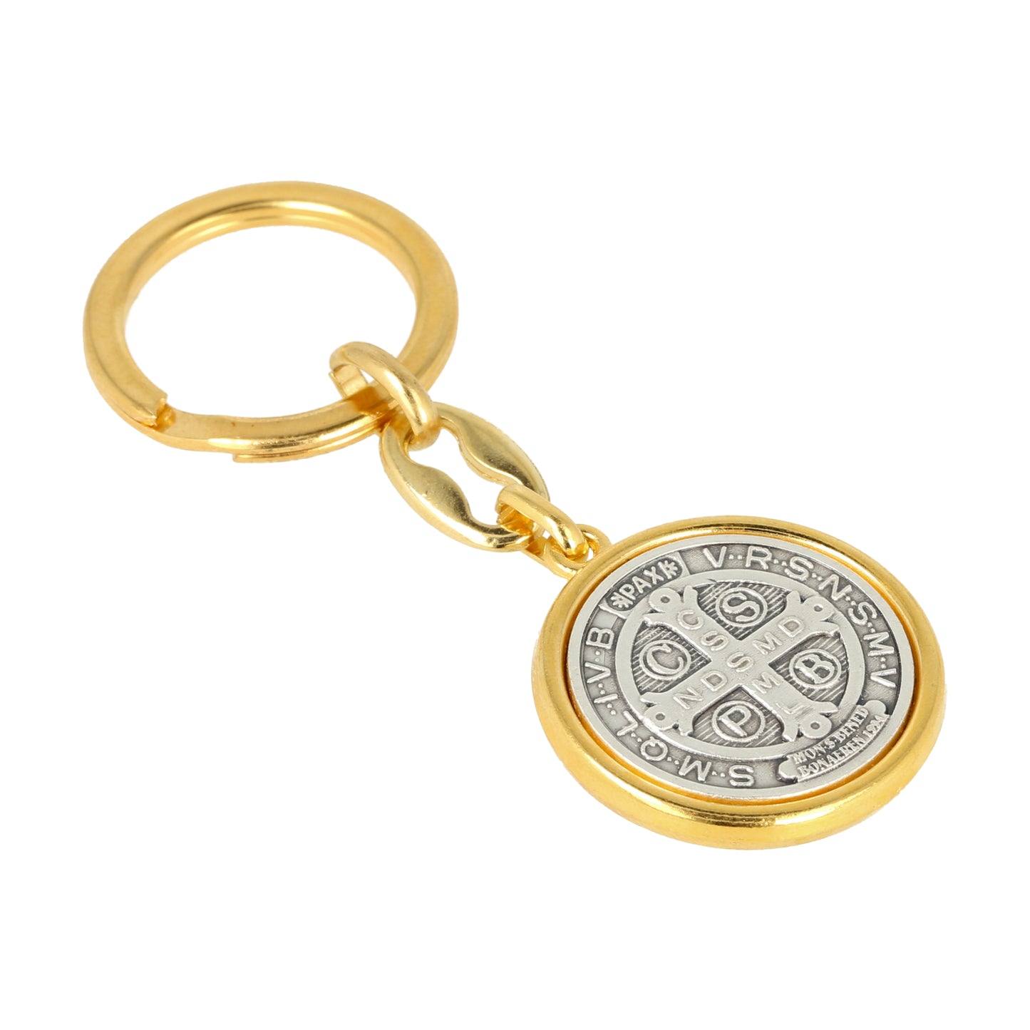 Keychain Saint Benedict Gold Silver Protector Medal . Souvenirs from Italy