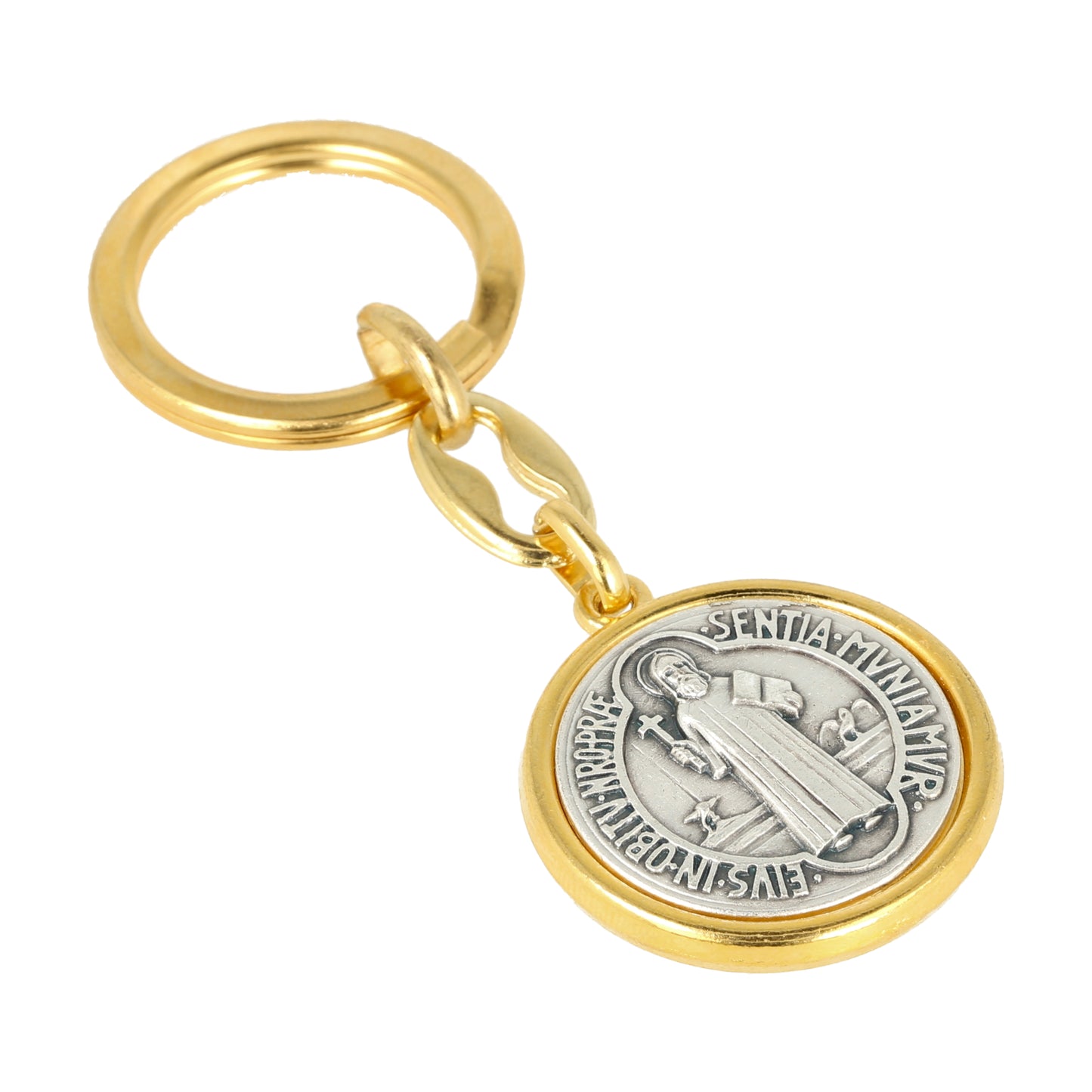 Keychain Saint Benedict Gold Silver Protector Medal . Souvenirs from Italy