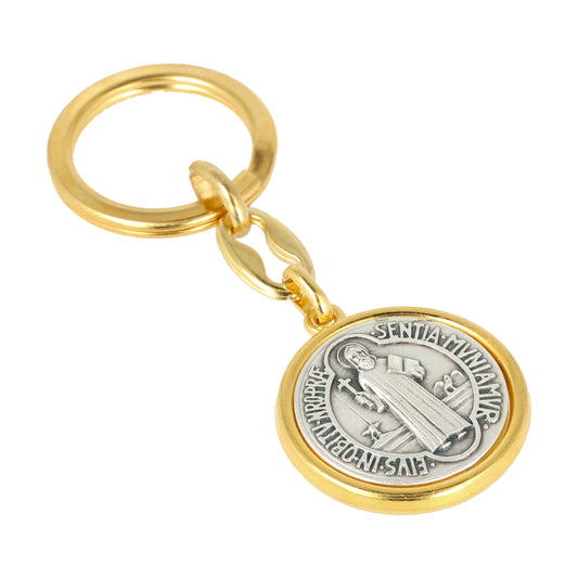 Keychain Saint Benedict Gold Silver Protector Medal . Souvenirs from Italy