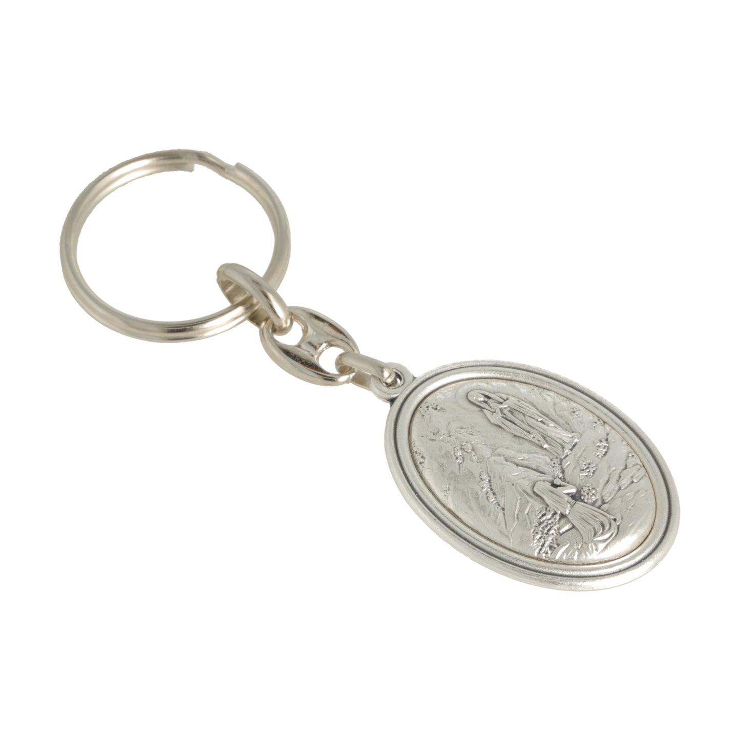 Keychain V. Lourdes Divino Niño Silver Oval. Souvenirs from Italy