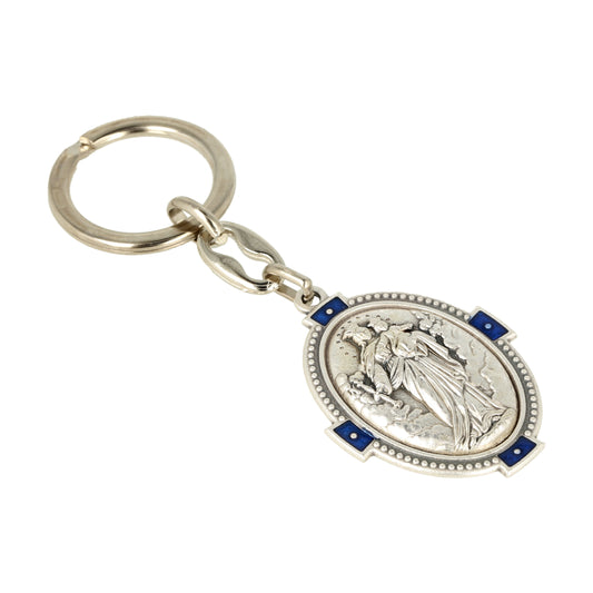 Keychain Mary Help of Christians Oval Deco Blue. Souvenirs from Italy