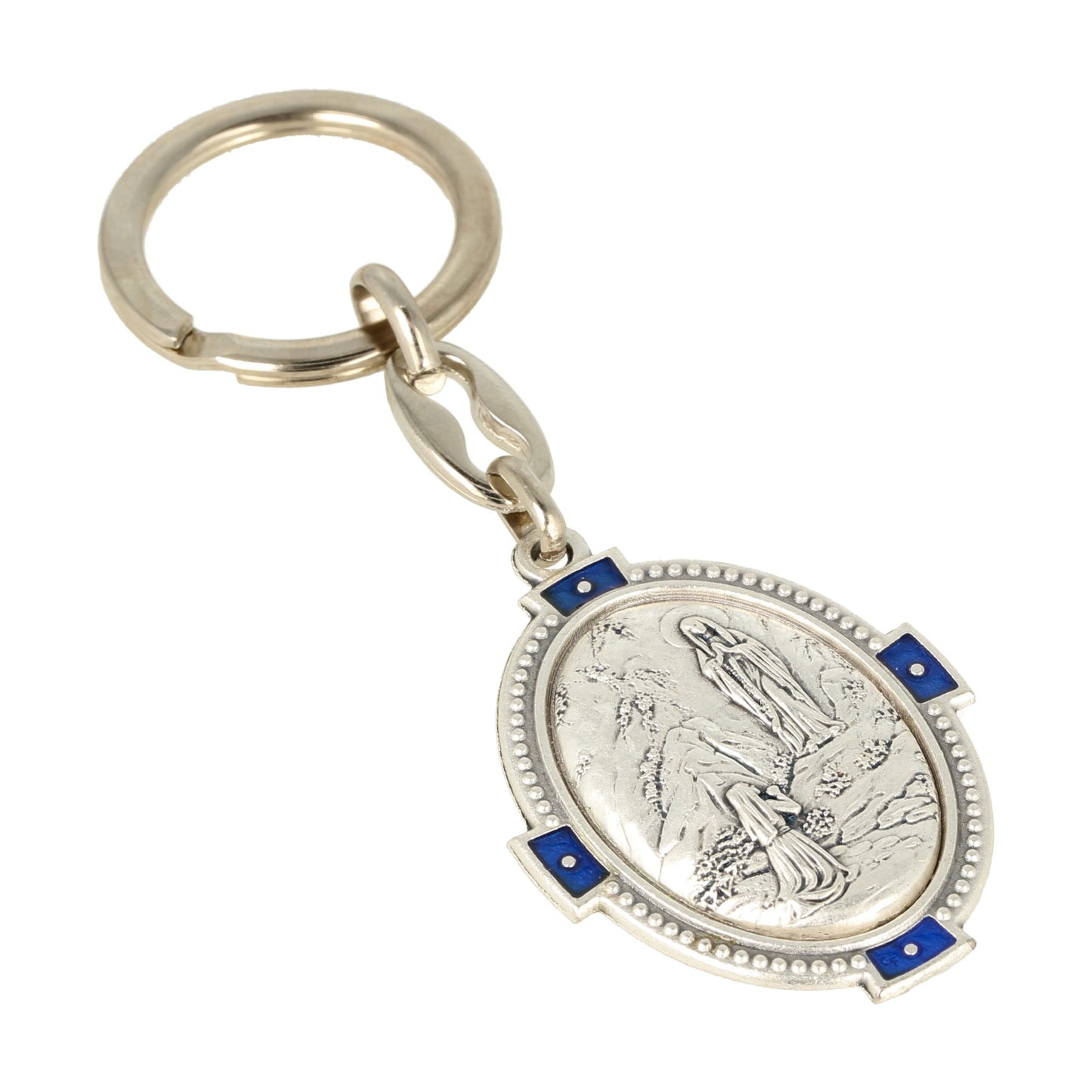Keychain Virgin of Lourdes Oval Deco Blue. Souvenirs from Italy