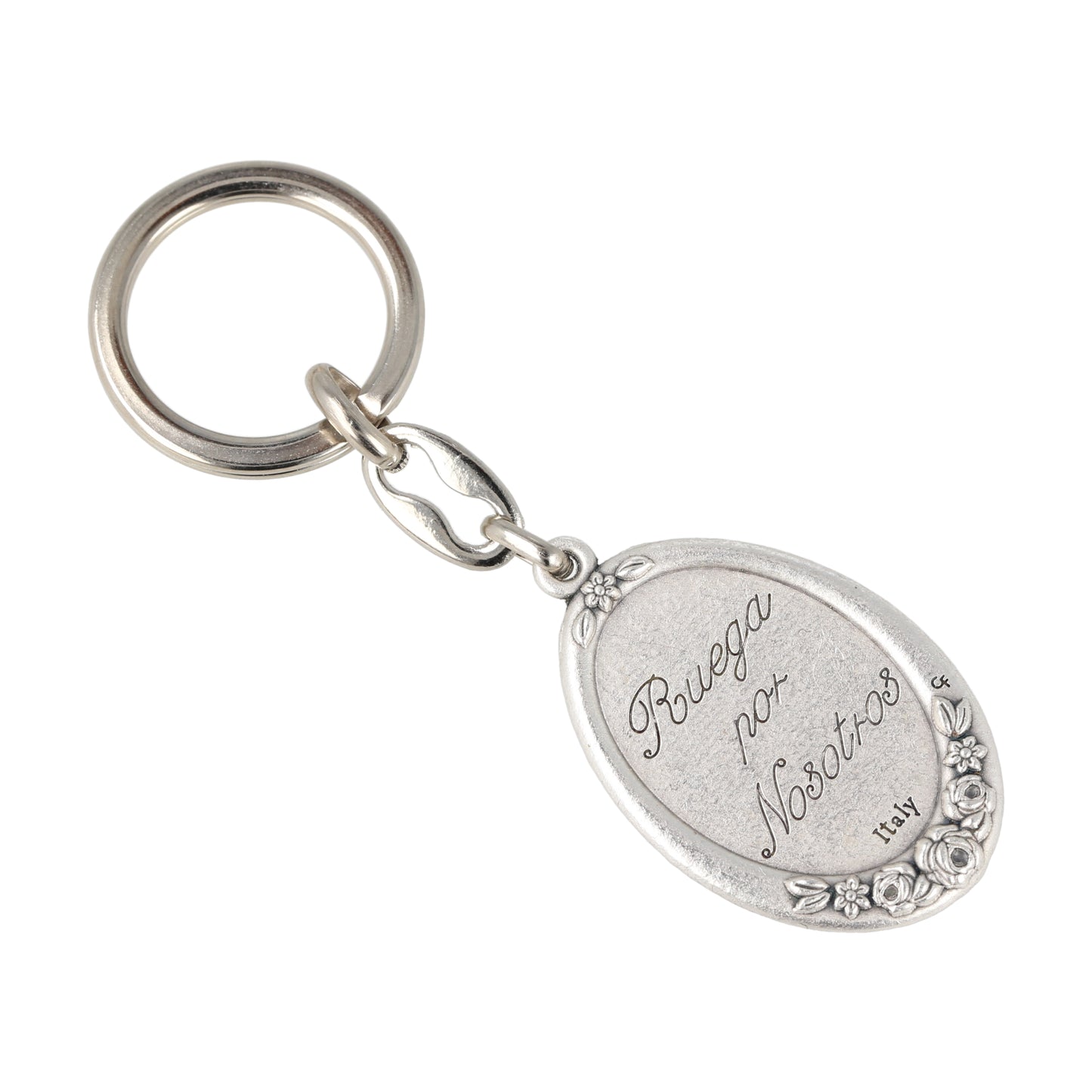Keychain Mary Help of Christians Oval Silver With Flowers. Souvenirs from Italy